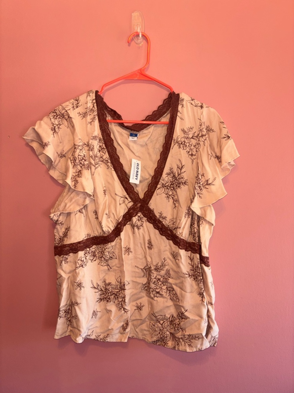 Old Navy Blush Floral V-Neck Top with Brown Lace Trim